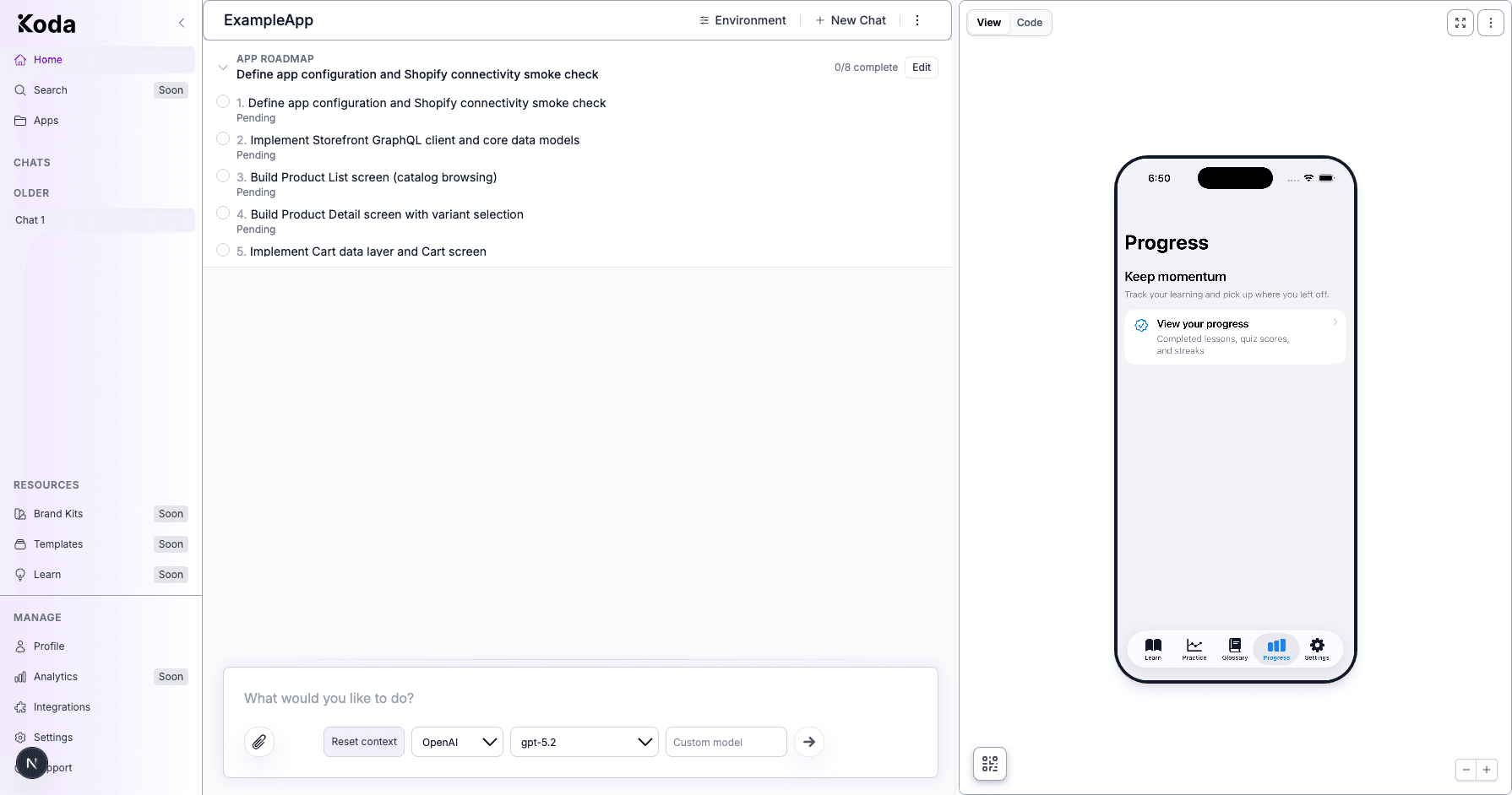 Koda builder showing an expanded App Roadmap with numbered requirements, Pending status, progress count, and Edit.