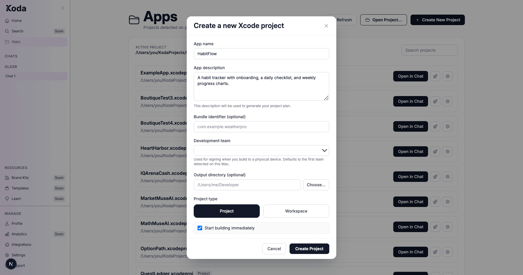 Create a new Xcode project dialog on the Apps page with app name, description, and Start building immediately checked.