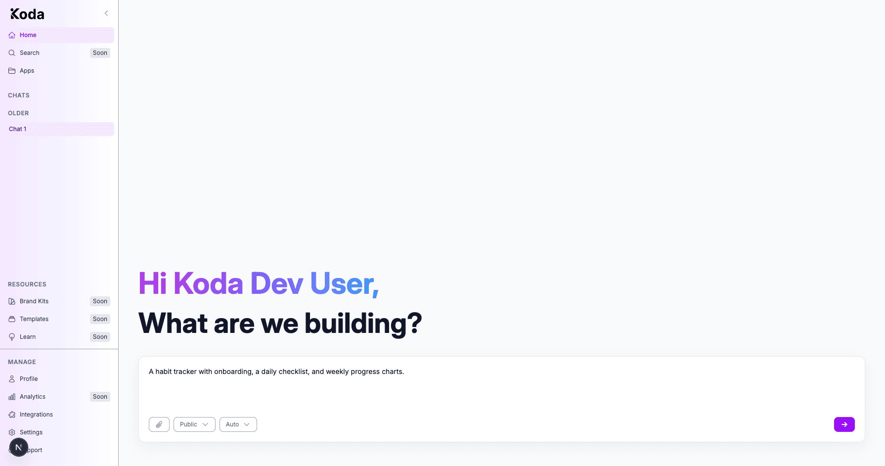 Koda Home screen with an app idea typed into the main prompt.