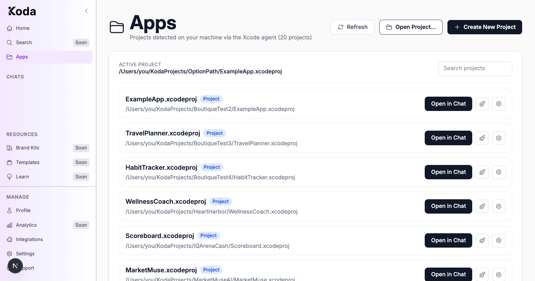 Koda Apps page showing project search, open project, create project, and project cards.