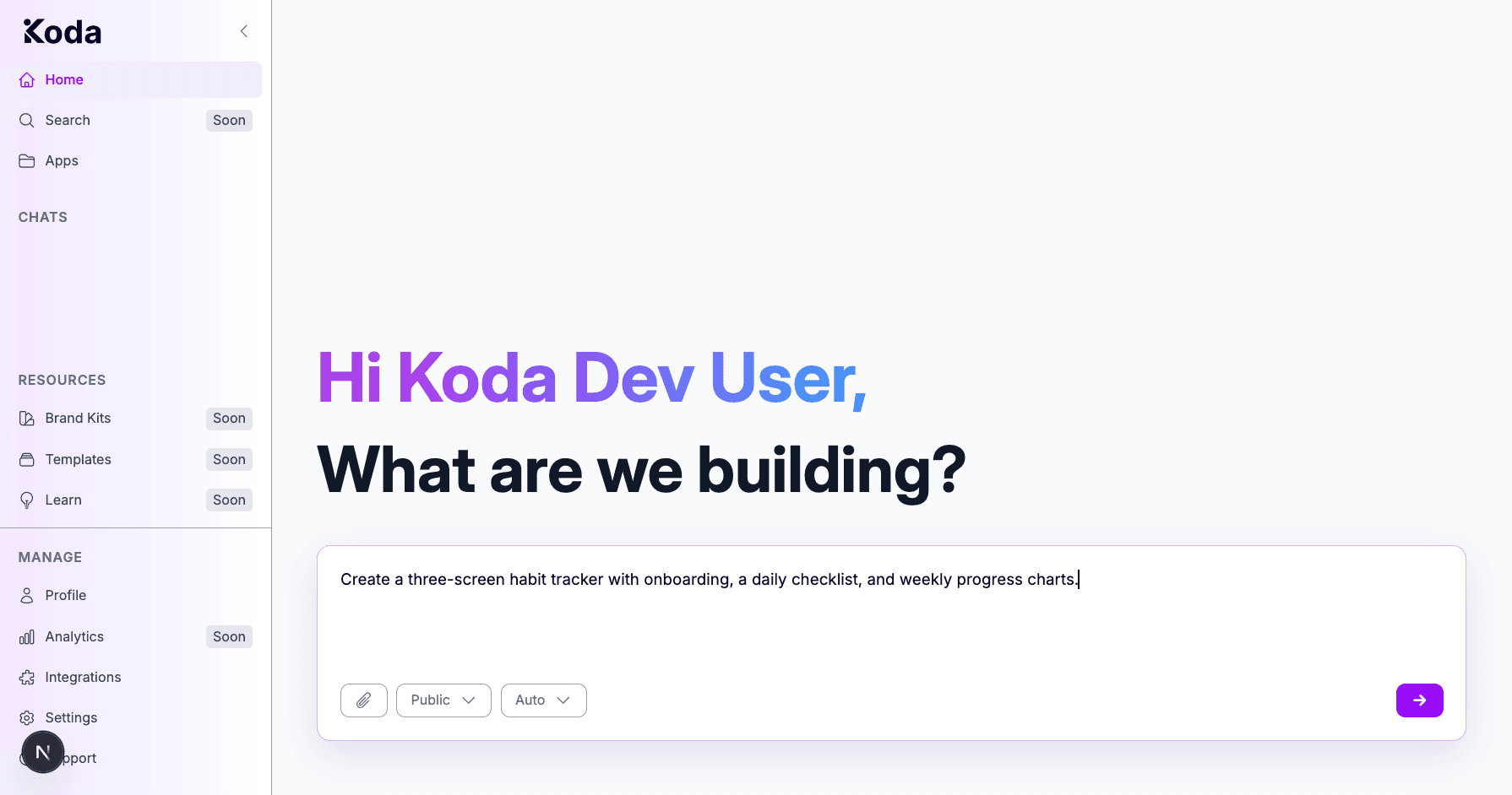 Koda Home screen with an example app idea typed into the builder prompt.