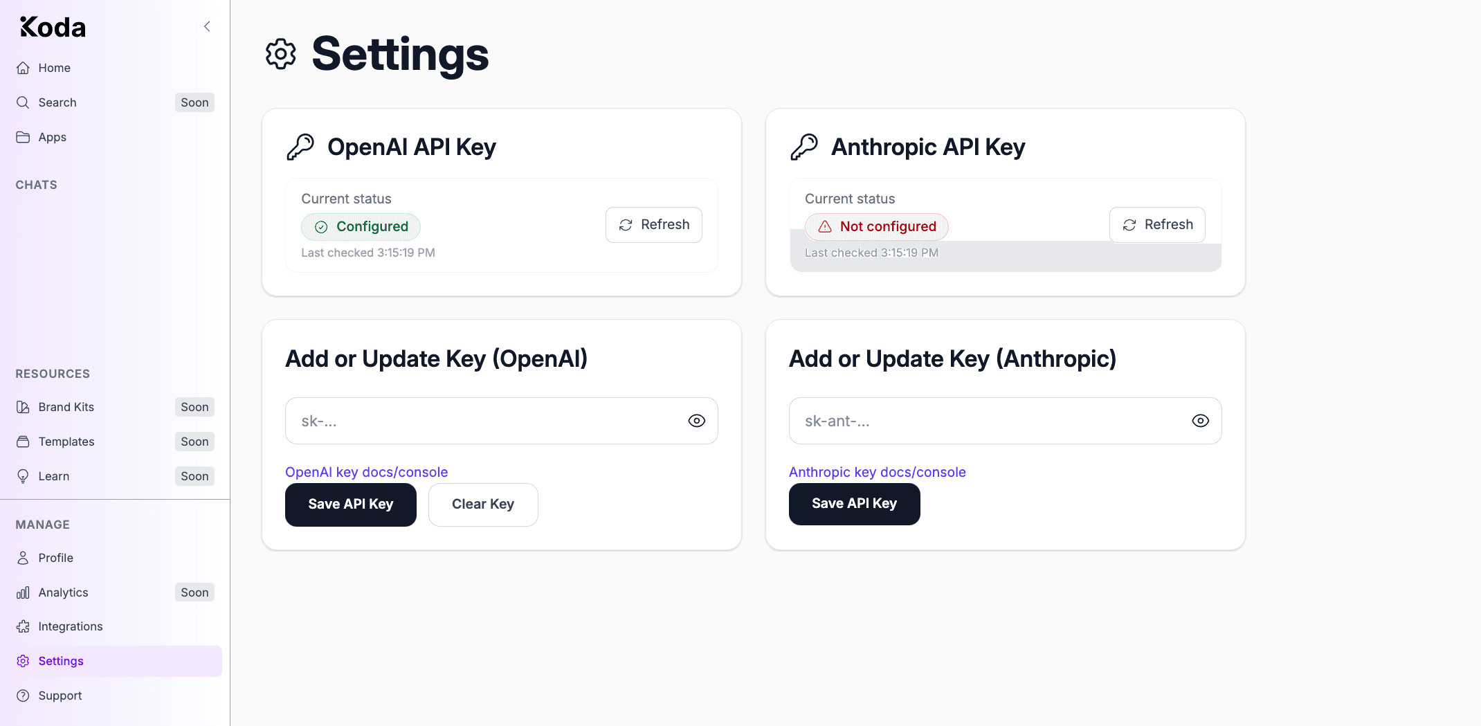 Koda Settings page with OpenAI marked Configured and Anthropic marked Not configured.