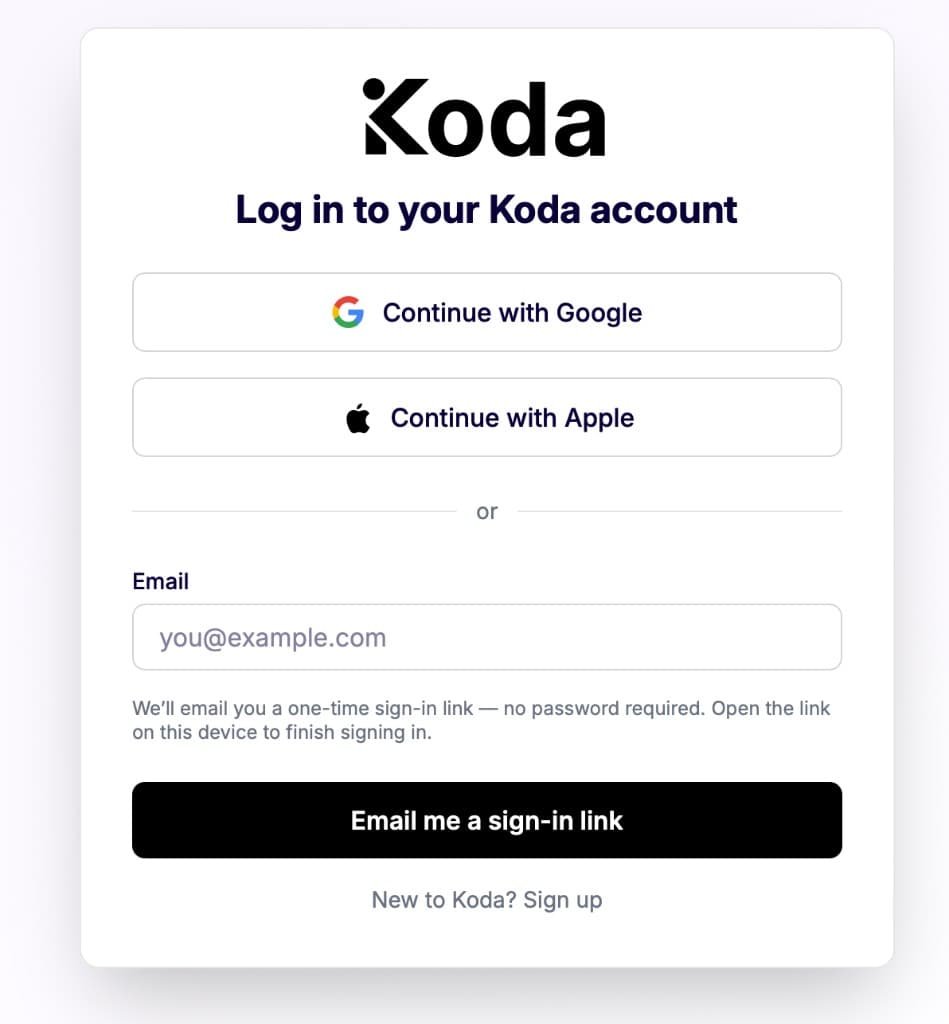 Koda sign-in screen with Continue with Google, Continue with Apple, and email sign-in link options.