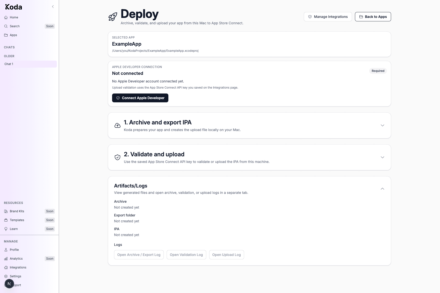 Expanded Artifacts/Logs section showing archive, export folder, IPA status, and log open buttons.
