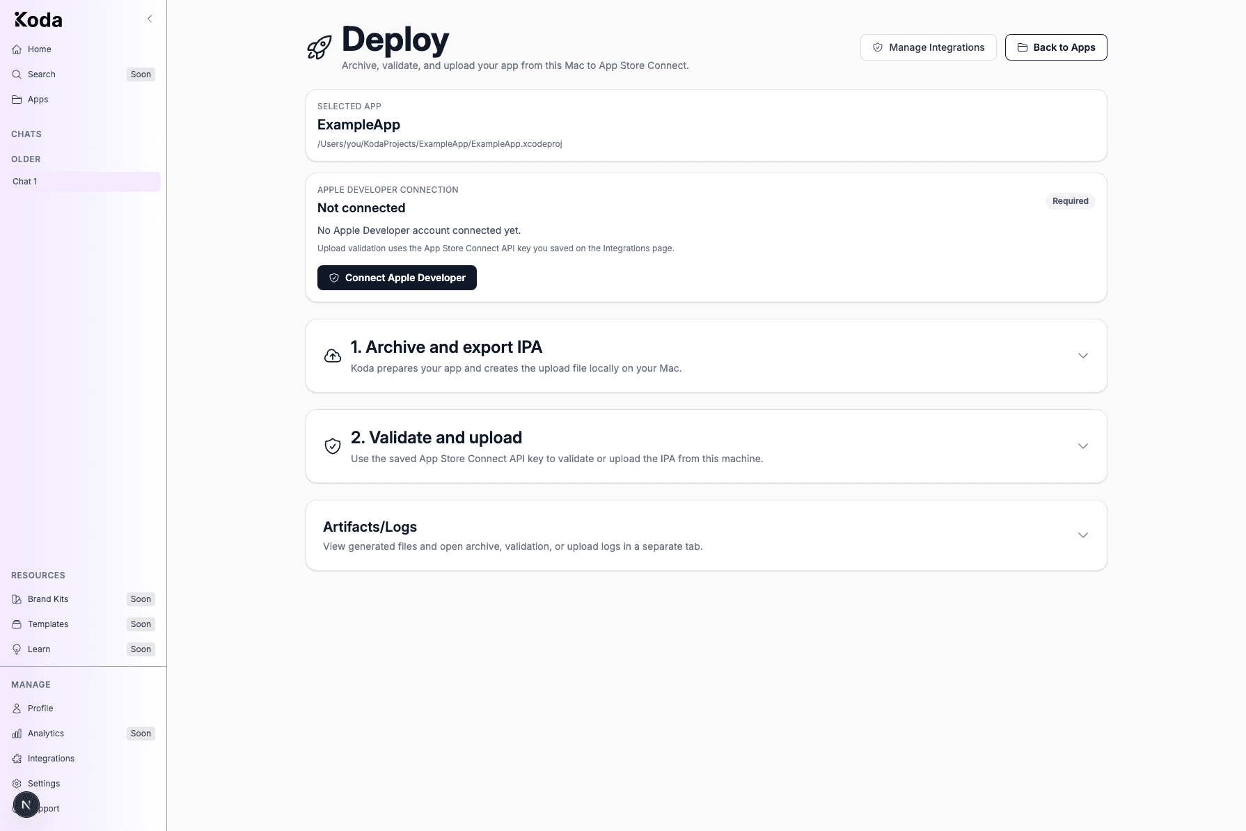 Koda Deploy page showing the selected app, Apple Developer connection status, and Archive, Validate, and Artifacts sections.