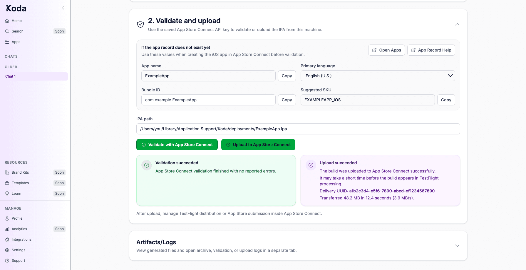 Validate and upload section showing Validation succeeded and Upload succeeded cards with delivery UUID and transfer summary.