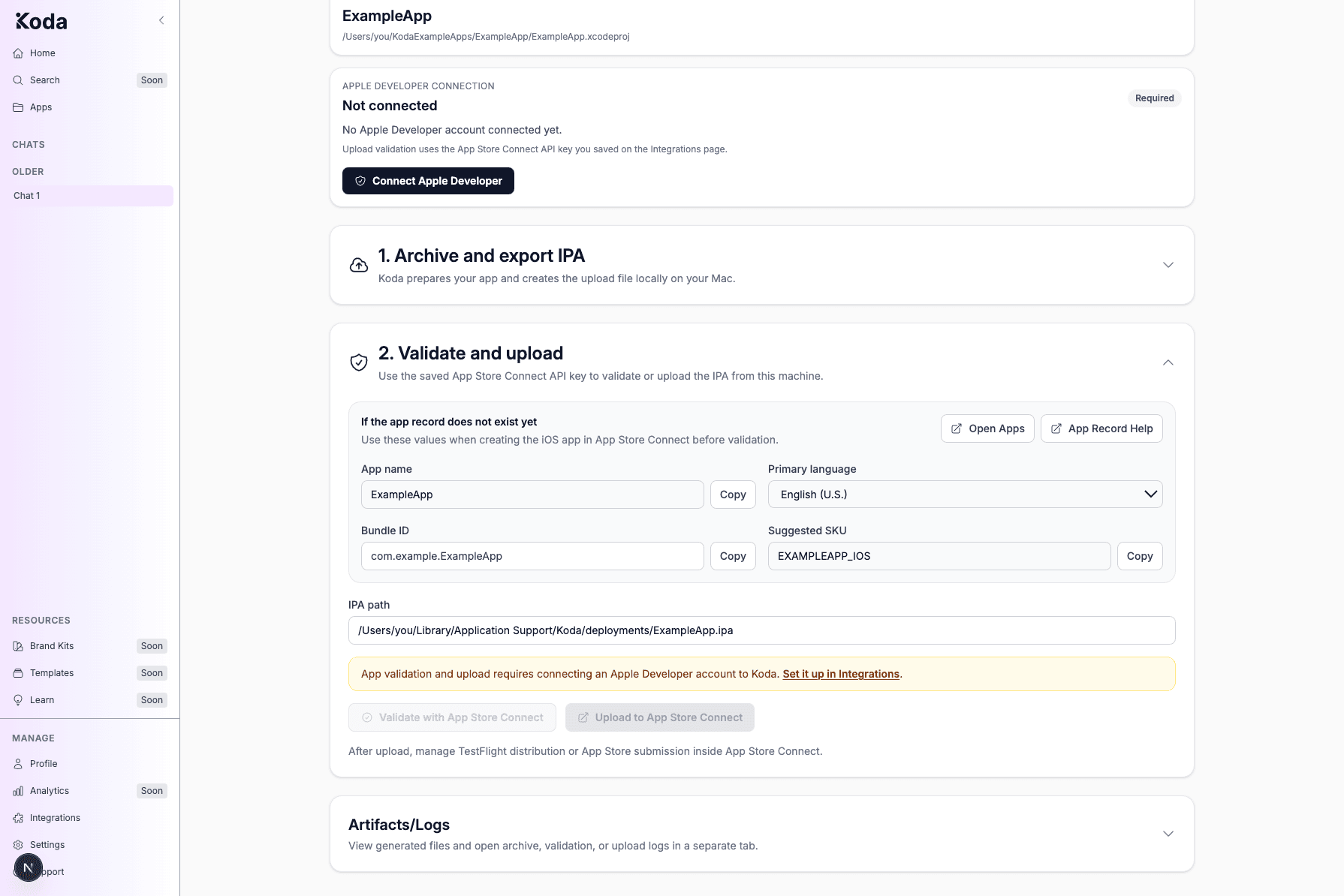 Expanded Validate and upload section with App Store Connect app-record values, IPA path, and Validate and Upload buttons.