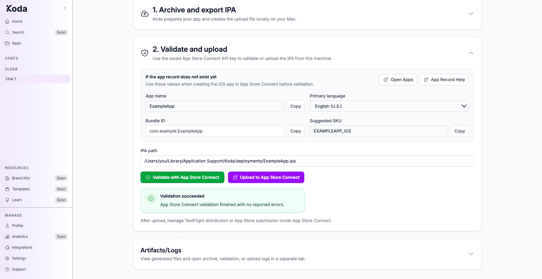 Validate and upload section after a successful run, with a green Validation succeeded card and green Validate button.