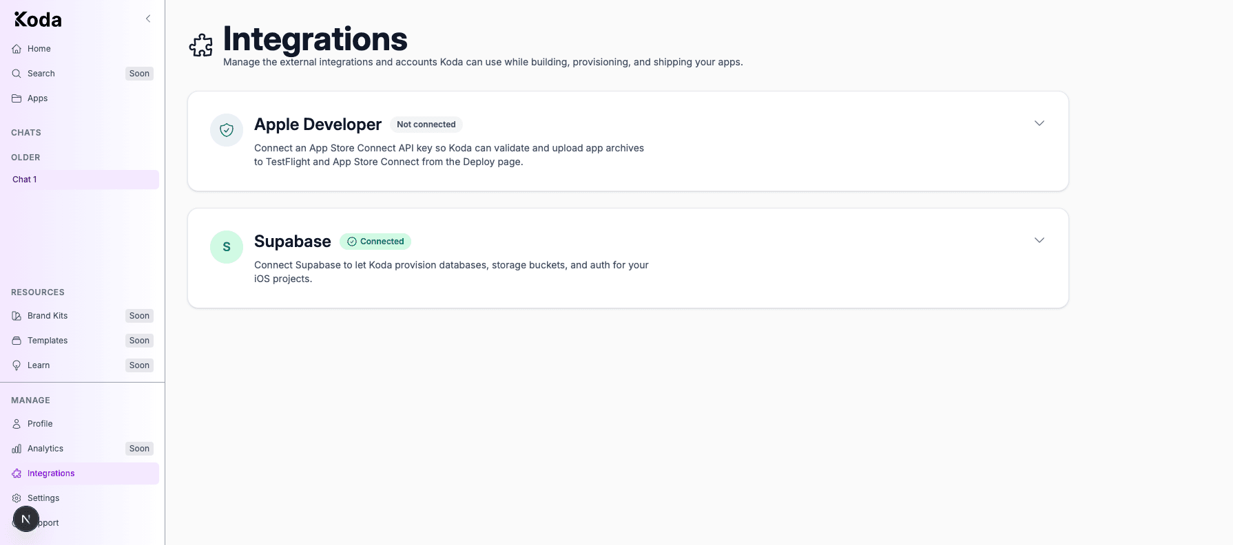 Koda Integrations page showing Apple Developer not connected.