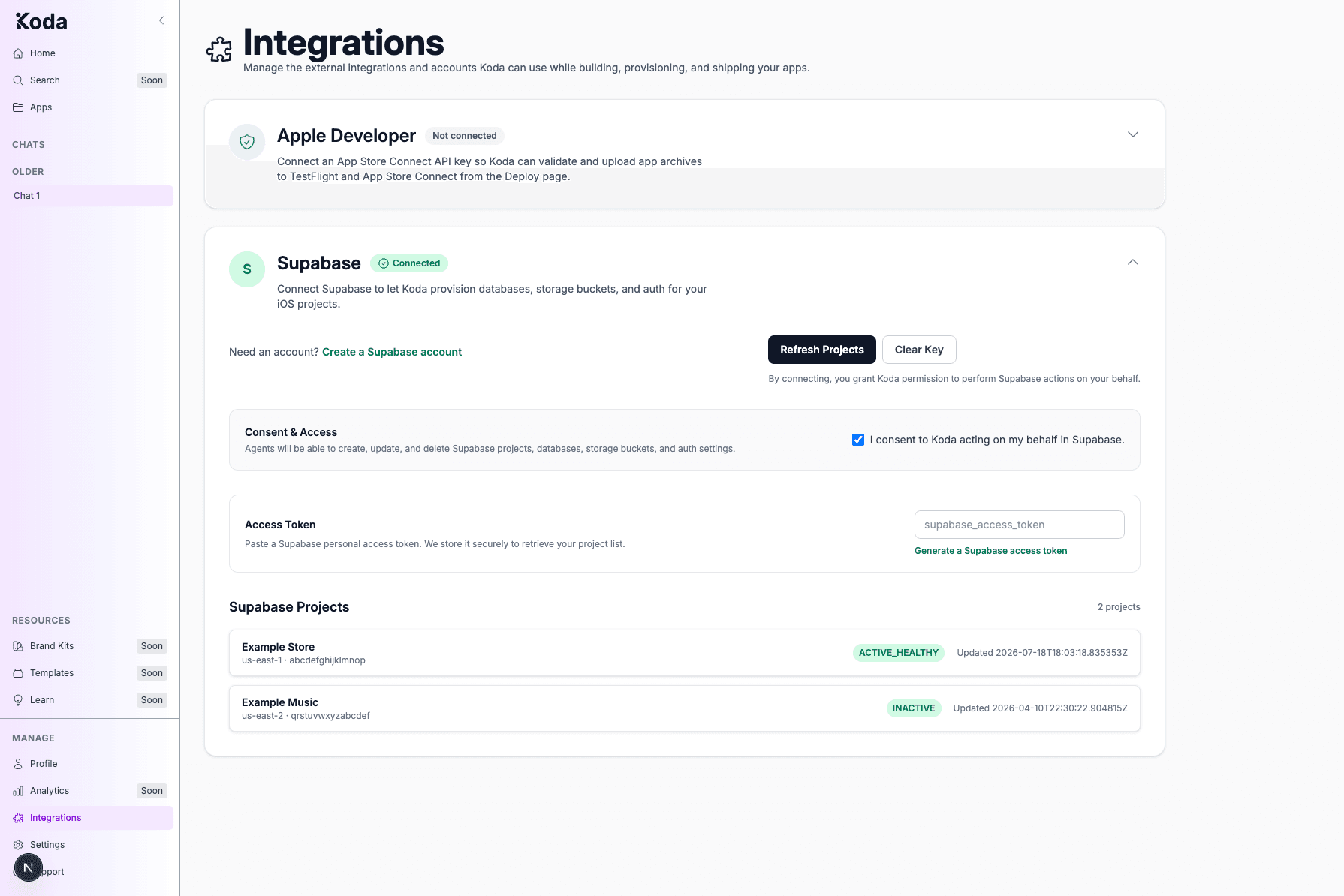 Expanded Supabase integration showing Consent & Access, Access Token field, and connected projects list.