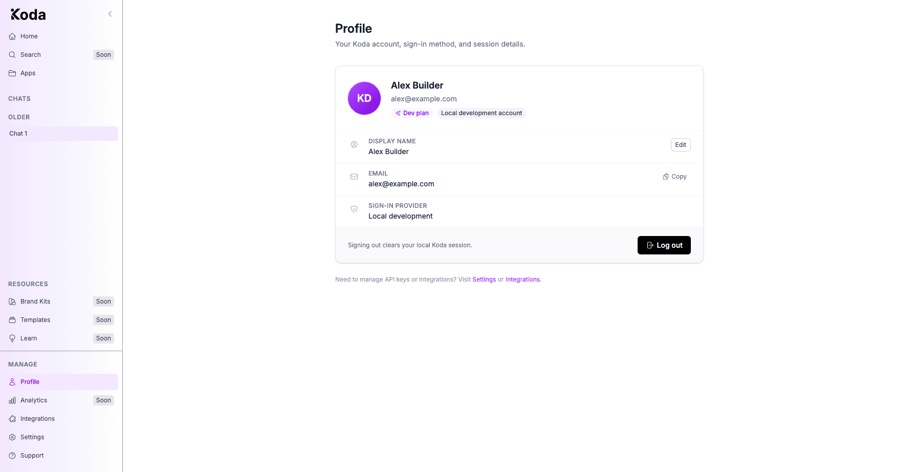Koda Profile page showing display name, email, sign-in provider, and Log out.