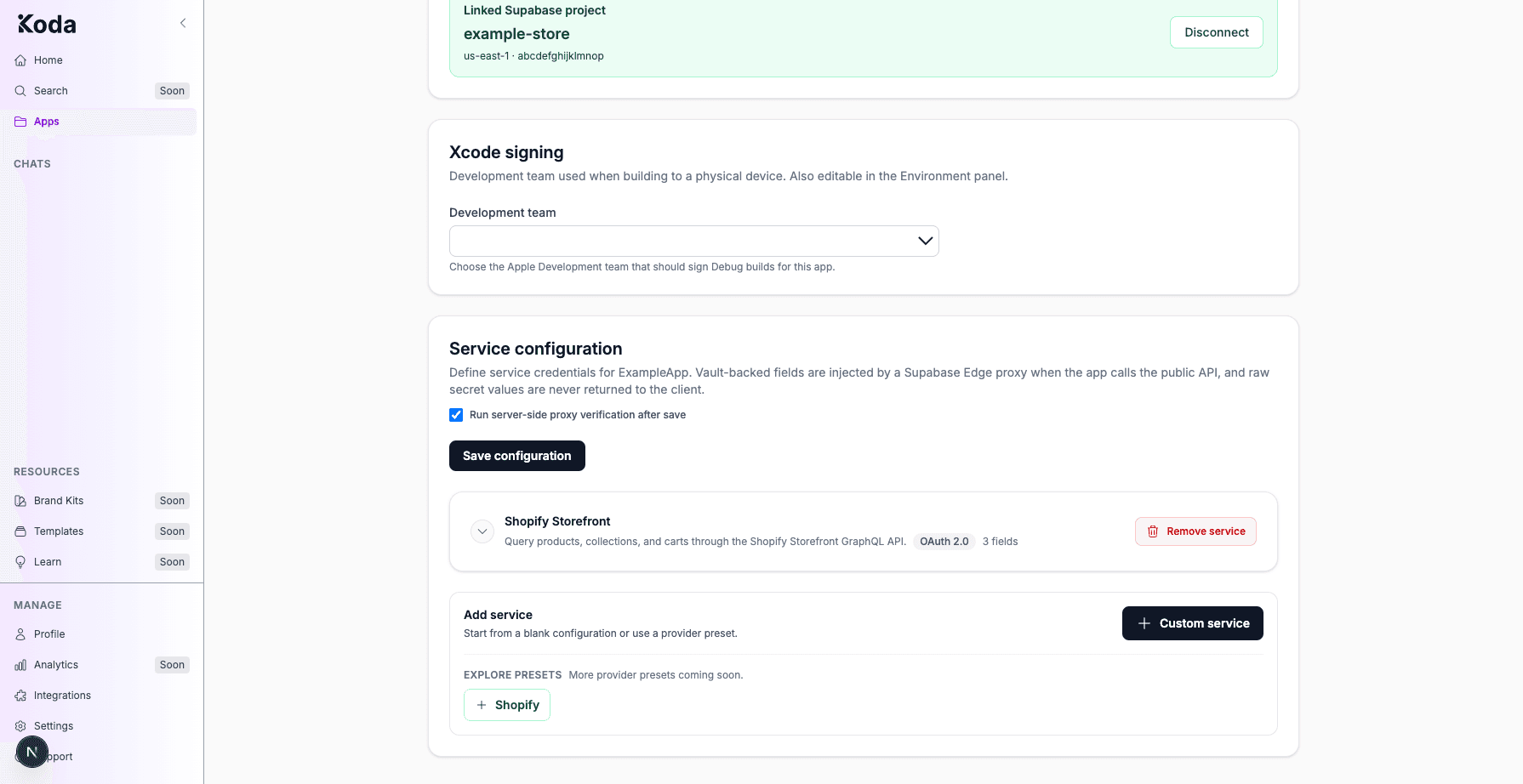 Add service panel with Custom service button and Shopify under Explore presets.