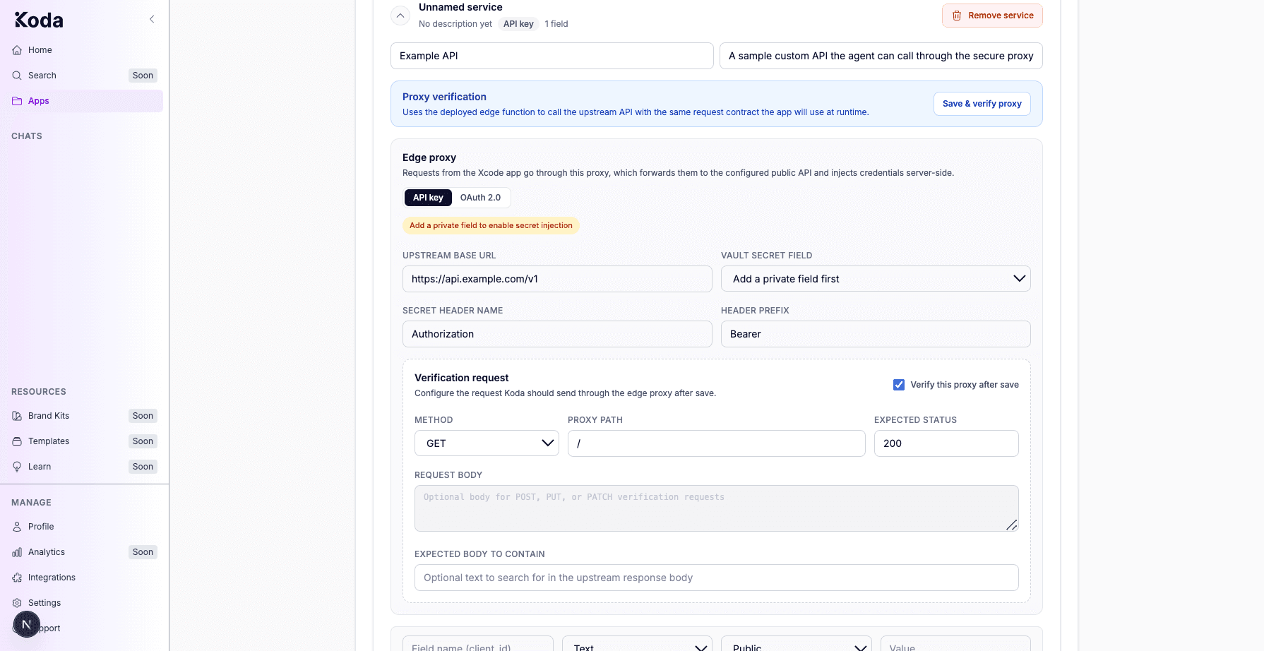 Expanded custom service form with name, description, API key authentication, and edge proxy settings.