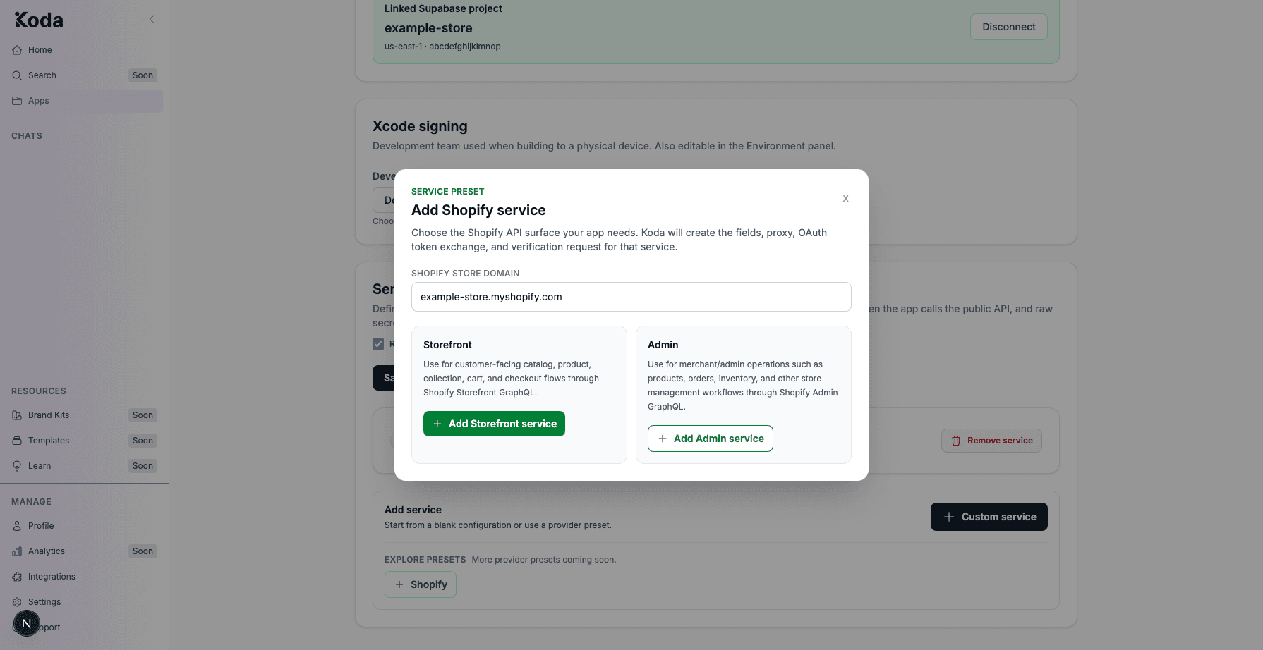 Add Shopify service dialog with store domain and Storefront versus Admin options.