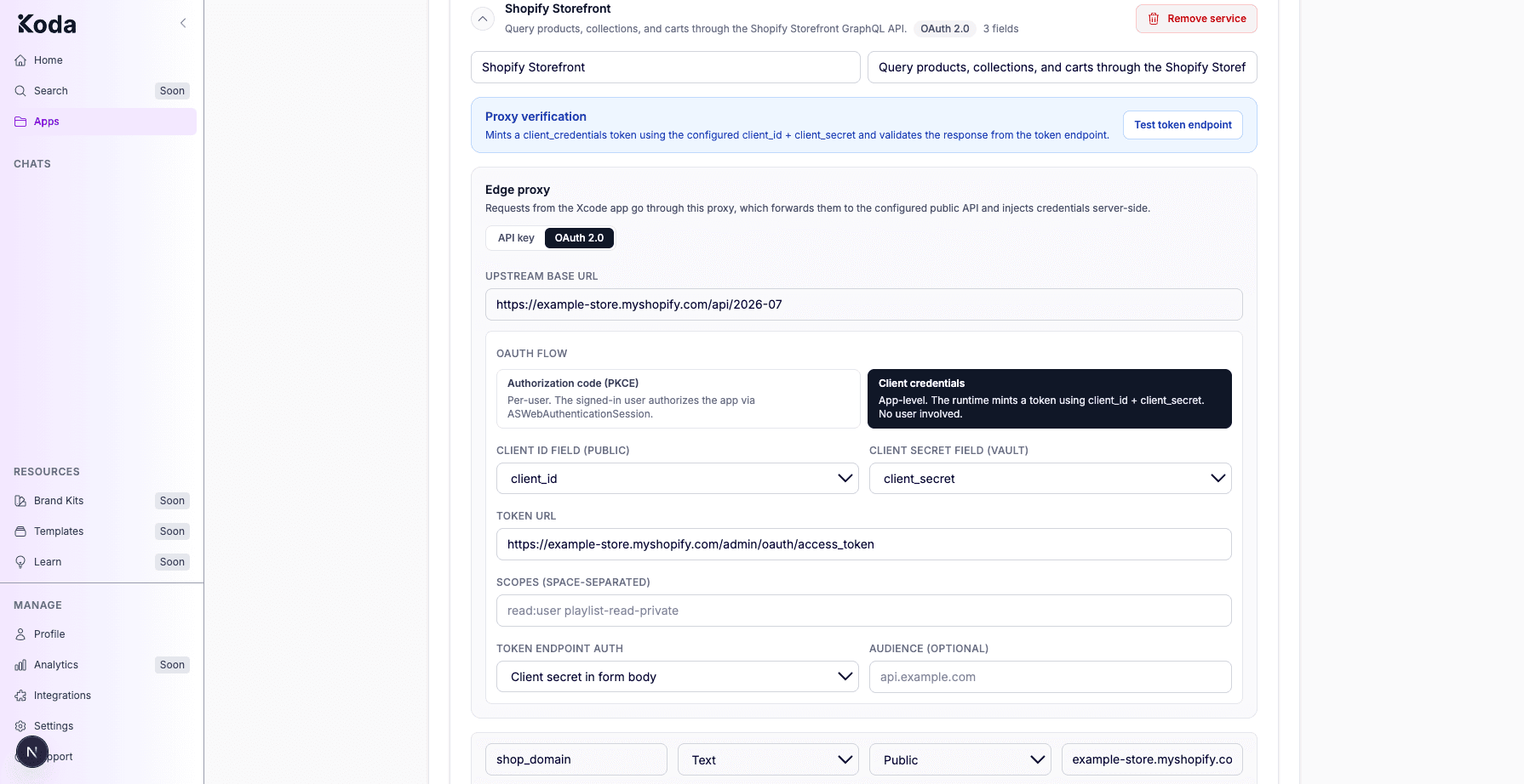 Expanded Shopify Storefront service showing OAuth 2.0 edge proxy and credential fields.
