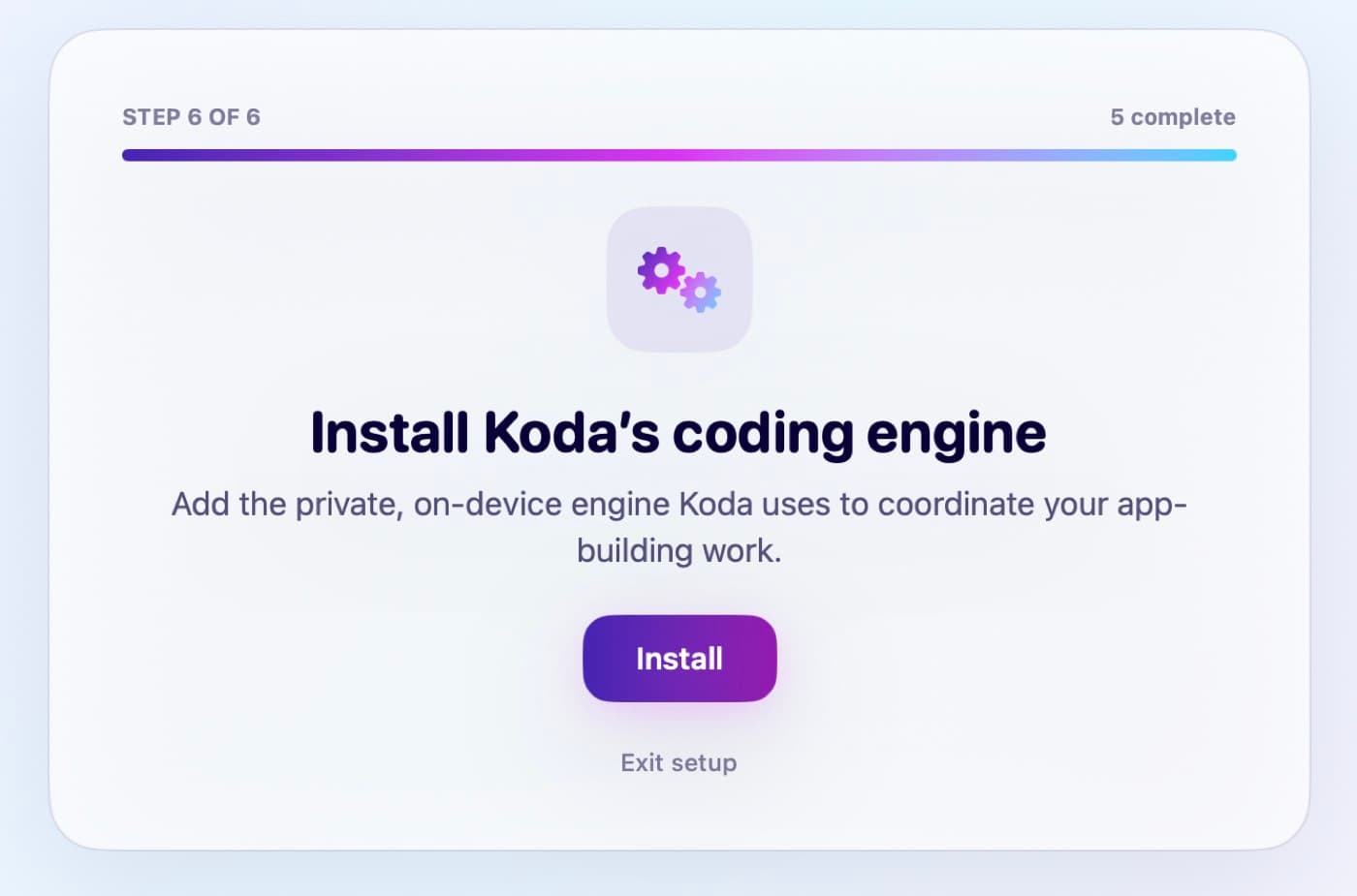 Koda setup step Install Koda’s coding engine with an Install button.