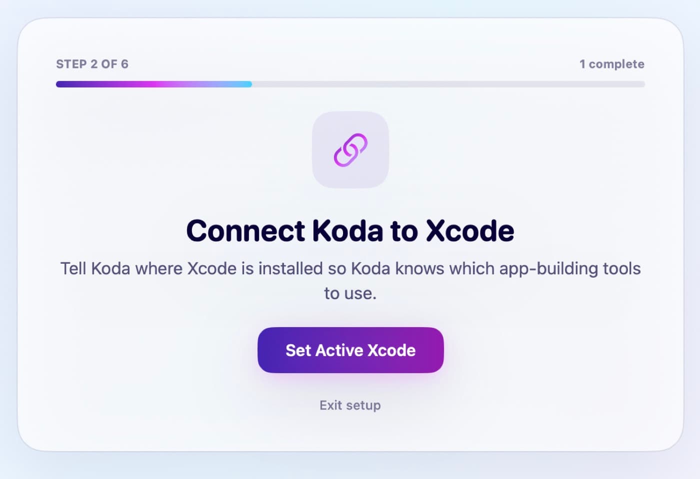 Koda setup step Connect Koda to Xcode with a Set Active Xcode button.