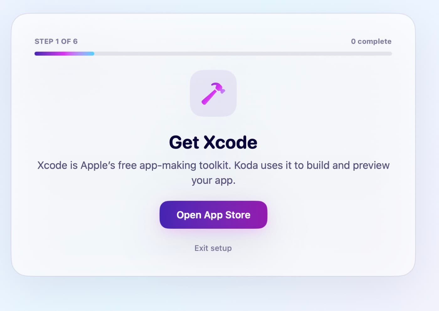 Koda setup step Get Xcode with an Open App Store button.