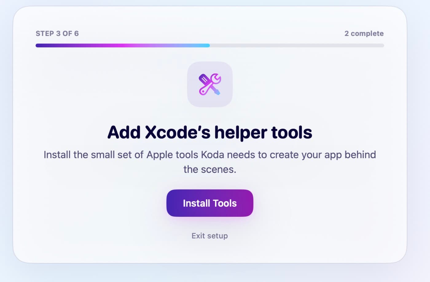 Koda setup step Add Xcode’s helper tools with an Install Tools button.