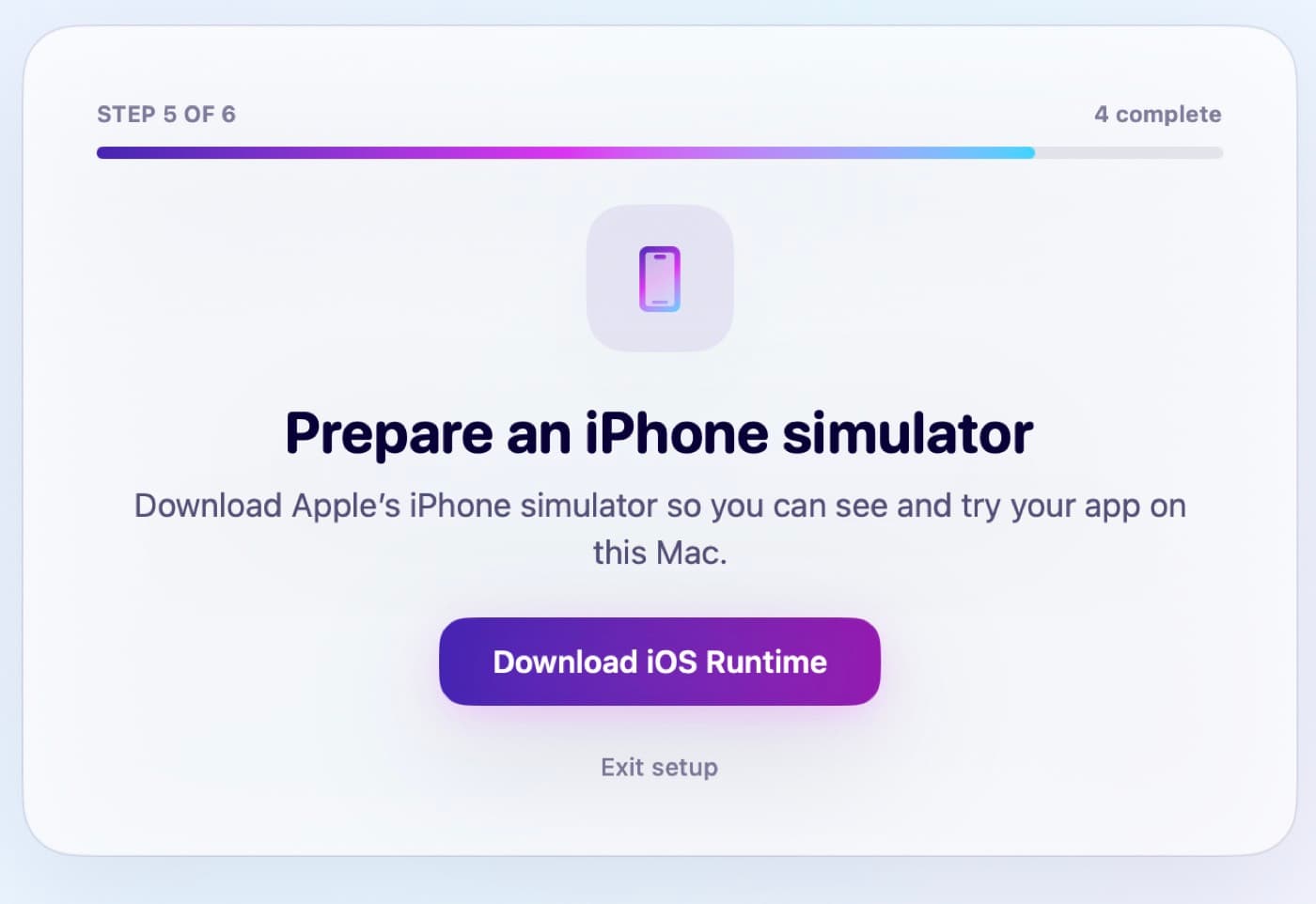 Koda setup step Prepare an iPhone simulator with a Download iOS Runtime button.