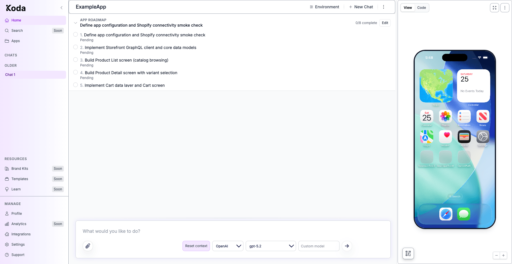 Expanded App Roadmap in the builder showing numbered steps, Pending status, progress count, and Edit.
