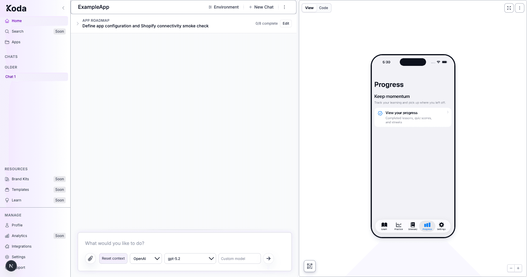 Koda builder workspace opened from Apps with the sidebar, chat composer, roadmap, and live iOS preview visible.