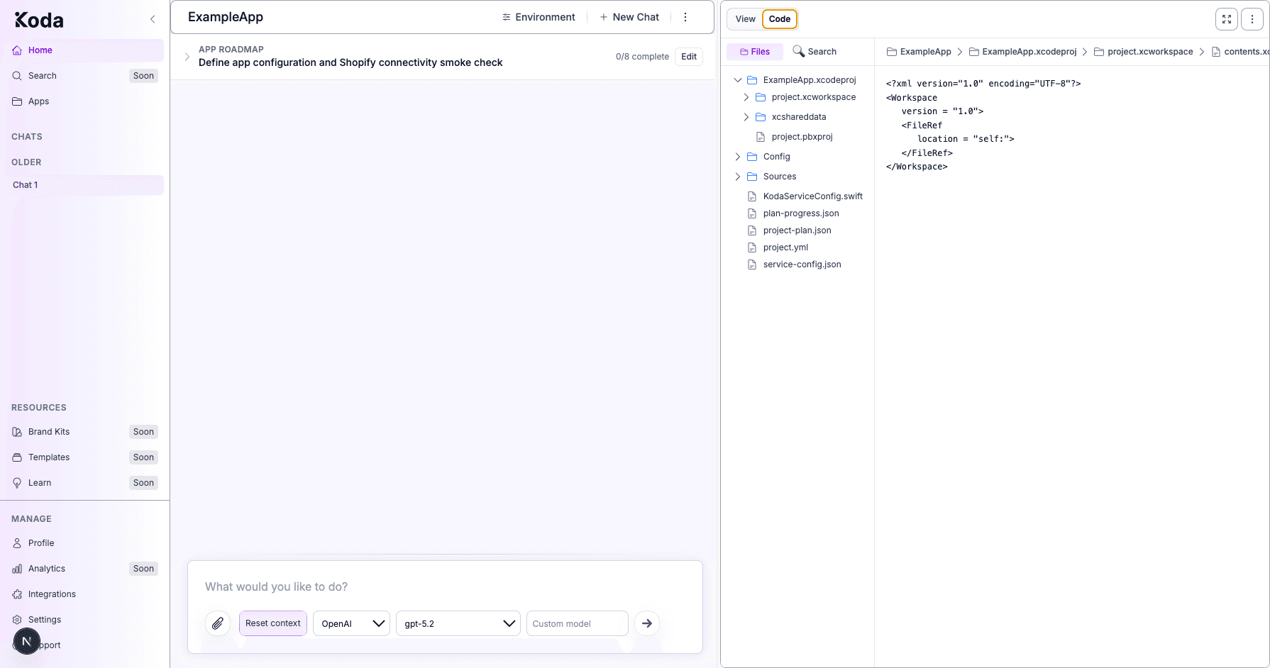 Koda builder Code tab showing the project file tree and editable file contents beside the chat area.
