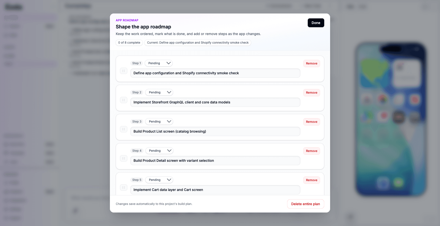 Shape the app roadmap editor with reorder handles, Pending or Complete status, editable titles, Remove, and Add a step.