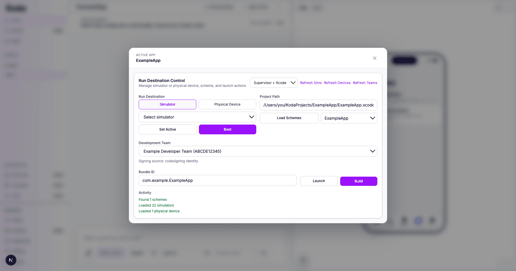 Koda builder Environment panel showing run destination, auto-loaded project path and scheme, development team, bundle ID, launch, build, and activity controls.